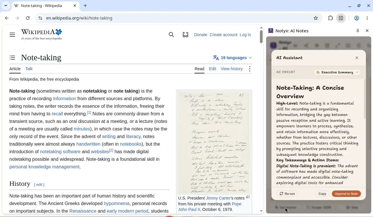 Notyx Chrome Side Panel Notebook Screenshot